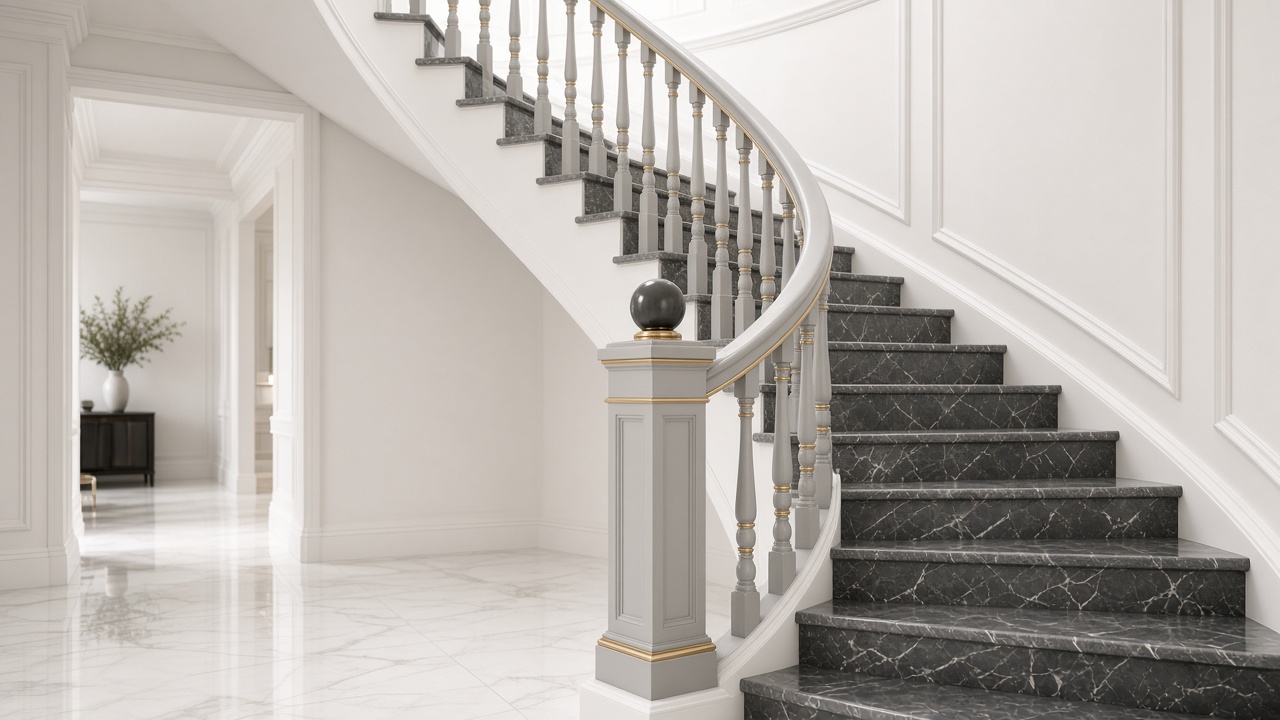 Classic grey turned balusters with gold rings and sphere newel
