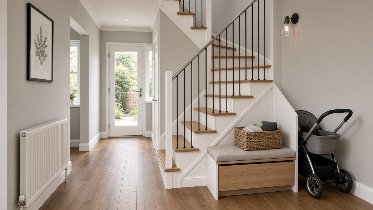 Compact hallway after space-saving stair upgrade with slim balustrade