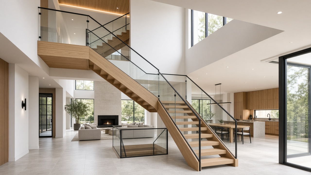 Oak and black metal feature staircase in a double-height new build