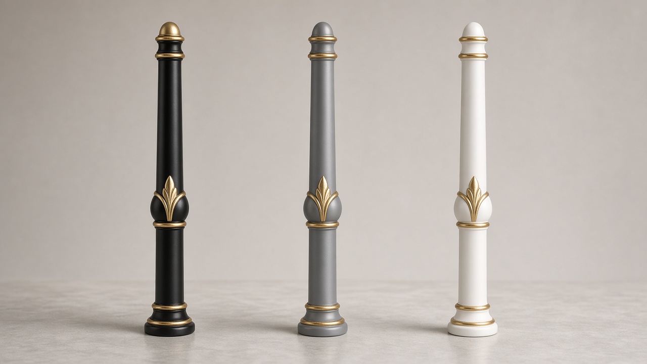 Three single-bar baluster finish samples black-gold grey-gold white-gold