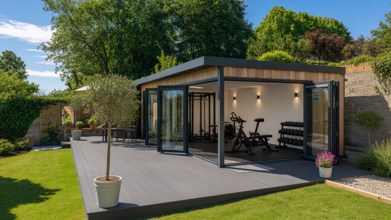 Cedar garden gym with open corner bifolds and full weight equipment