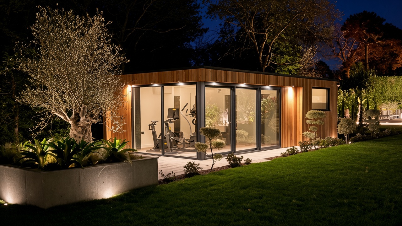 Evening garden gym with soft soffit lighting and cardio machines