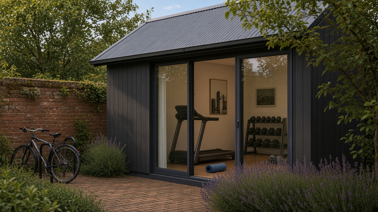 Compact mono-pitch garden gym pod with treadmill