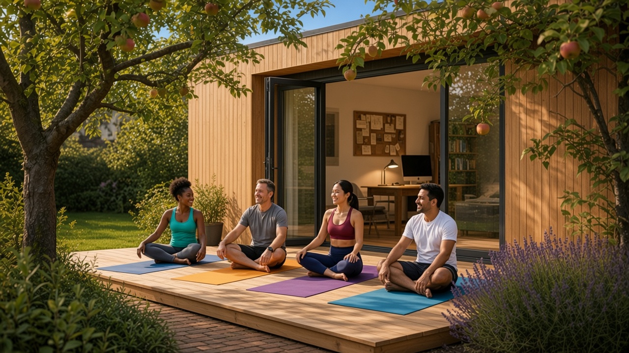 Friends doing yoga on a timber deck beside a cedar garden room