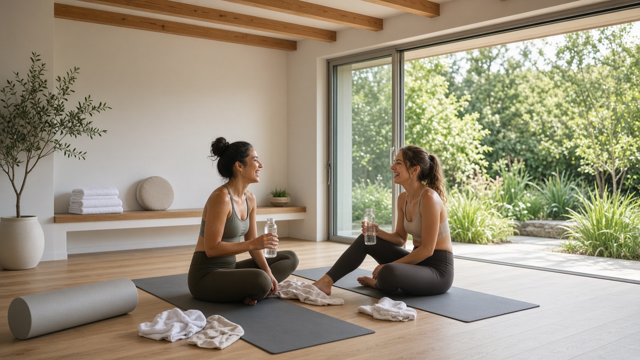 Two friends resting on yoga mats after a session with water bottles