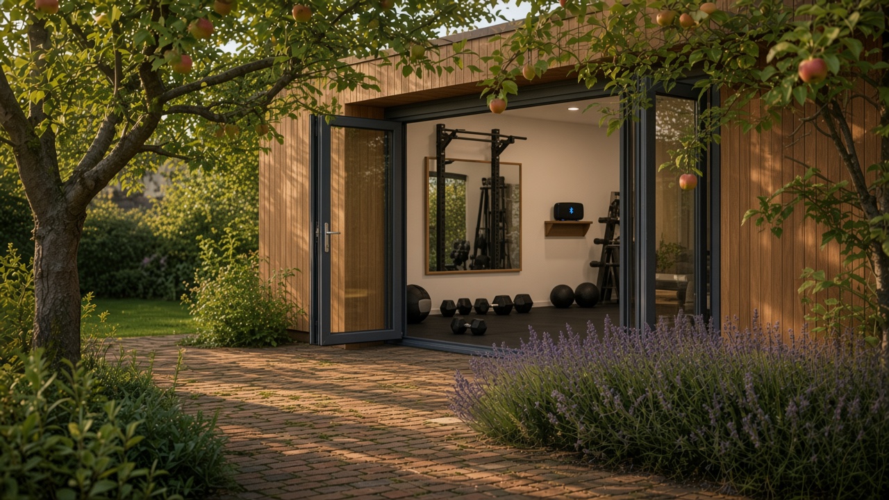 Cedar garden gym with mirror wall pull-up bar and dumbbells